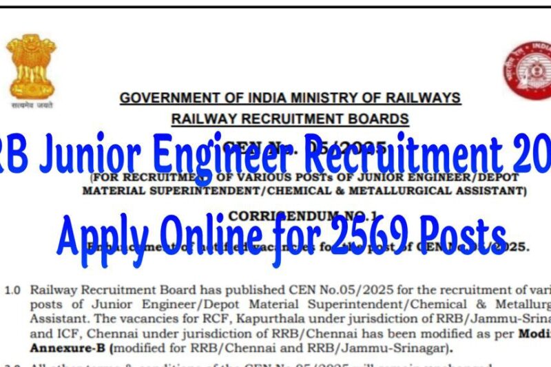 RRB Junior Engineer Recruitment 2025 : Apply Online for 2569 Posts