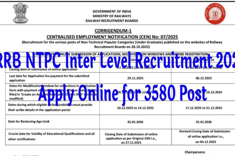 RRB NTPC Inter Level Recruitment 2025 : Apply Online for 3580 Post